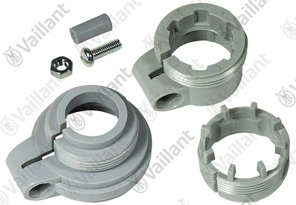 Vaillant Adapter-Set bestehend aus mehreren grauen Kunststoffteilen, Schraube und Mutter, zur Verwendung in Heizungs- oder Sanitärsystemen.